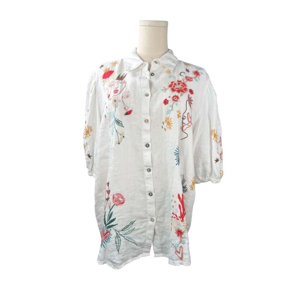 Johnny Was White Embroidered Zodiac Horoscope Linen Button Down Tunic Shirt M